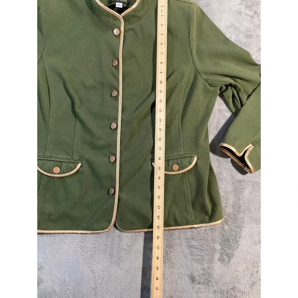 Bob Mackie Smart Denim 2-Pc Suit Green Gold Piping Jacket Pants Set Women's L